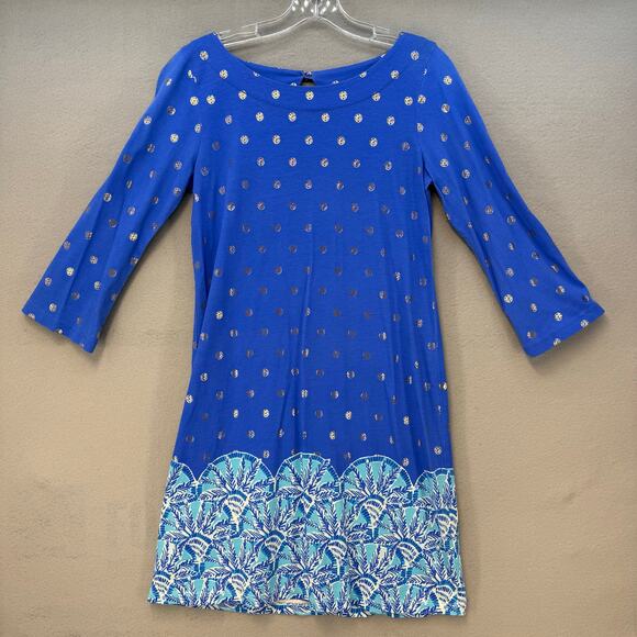 Lilly Pulitzer Dresses & Skirts - Lilly Pulitzer Grotto Beach Keyhole Shift Dress Women's S Day Blue Gold EUC